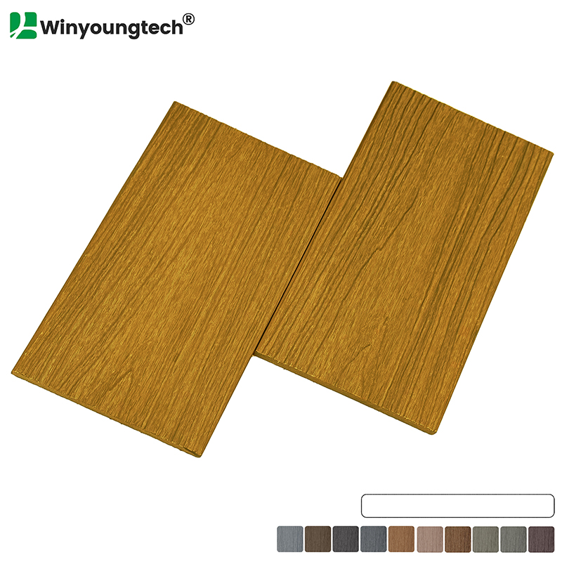 Two rectangular brown wood-textured panels, ideal for wpc composite fencing, are displayed overlapping with the Winyoungtech logo in the top left and color options shown along the bottom.