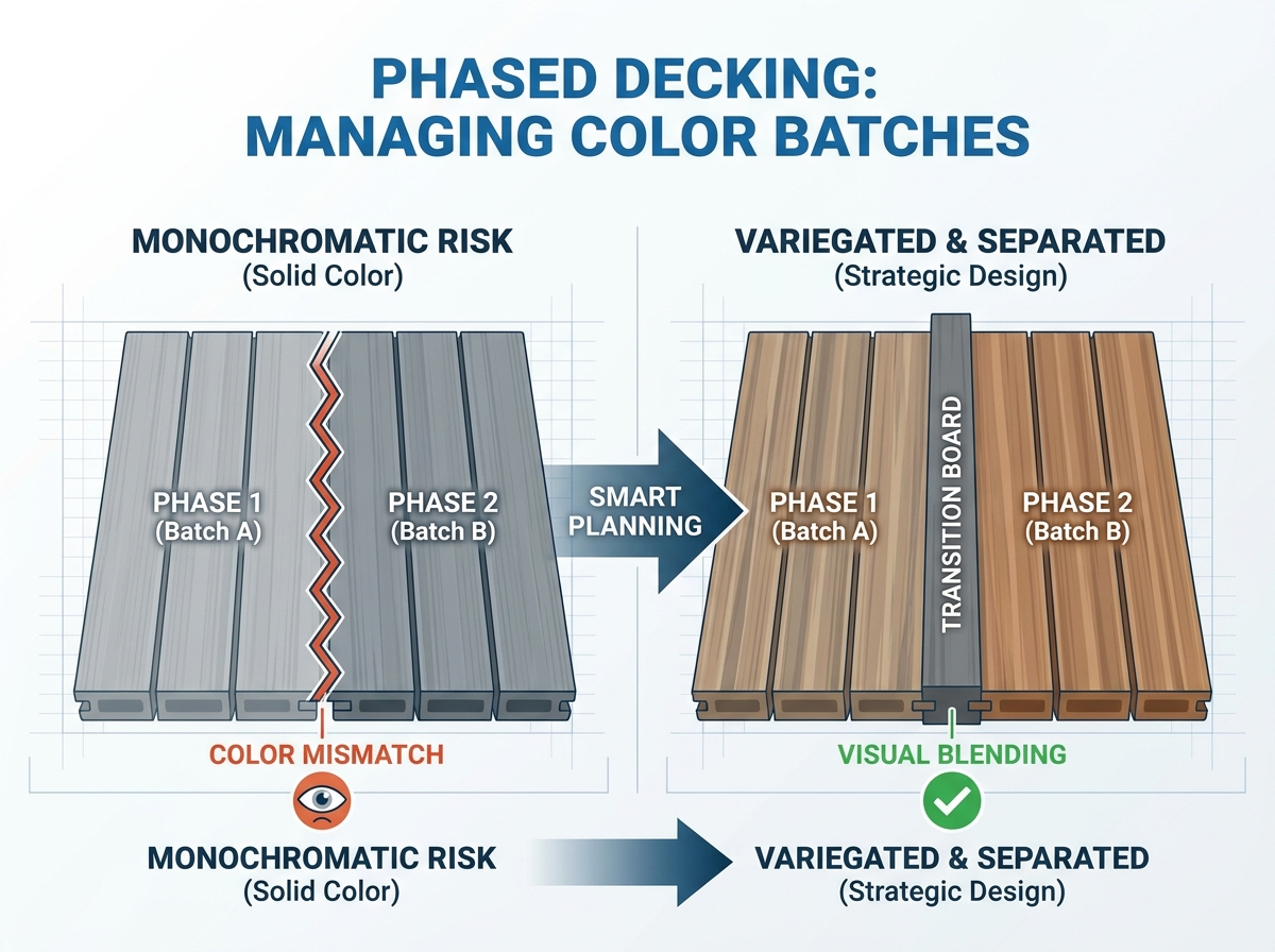 Double-color capped decking layout strategies for phased deck construction